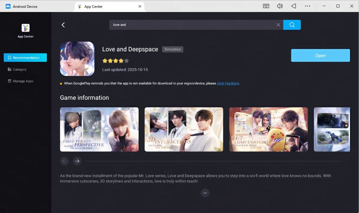 download love and deepsapce on pc and mac