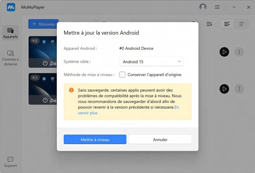 mettre à niveau la version Android sur MuMuPlayer